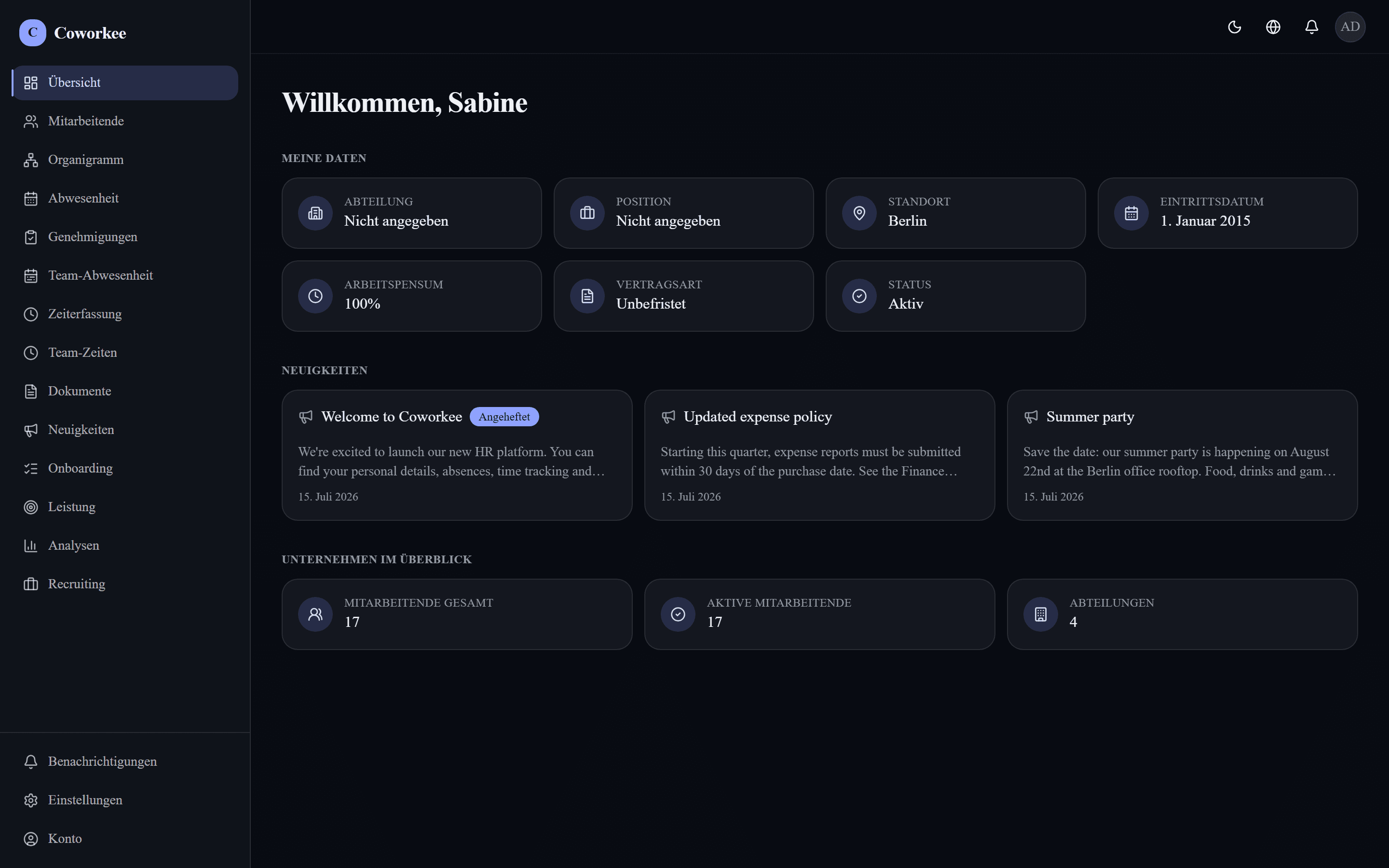 Coworkee Dashboard im dunklen Theme