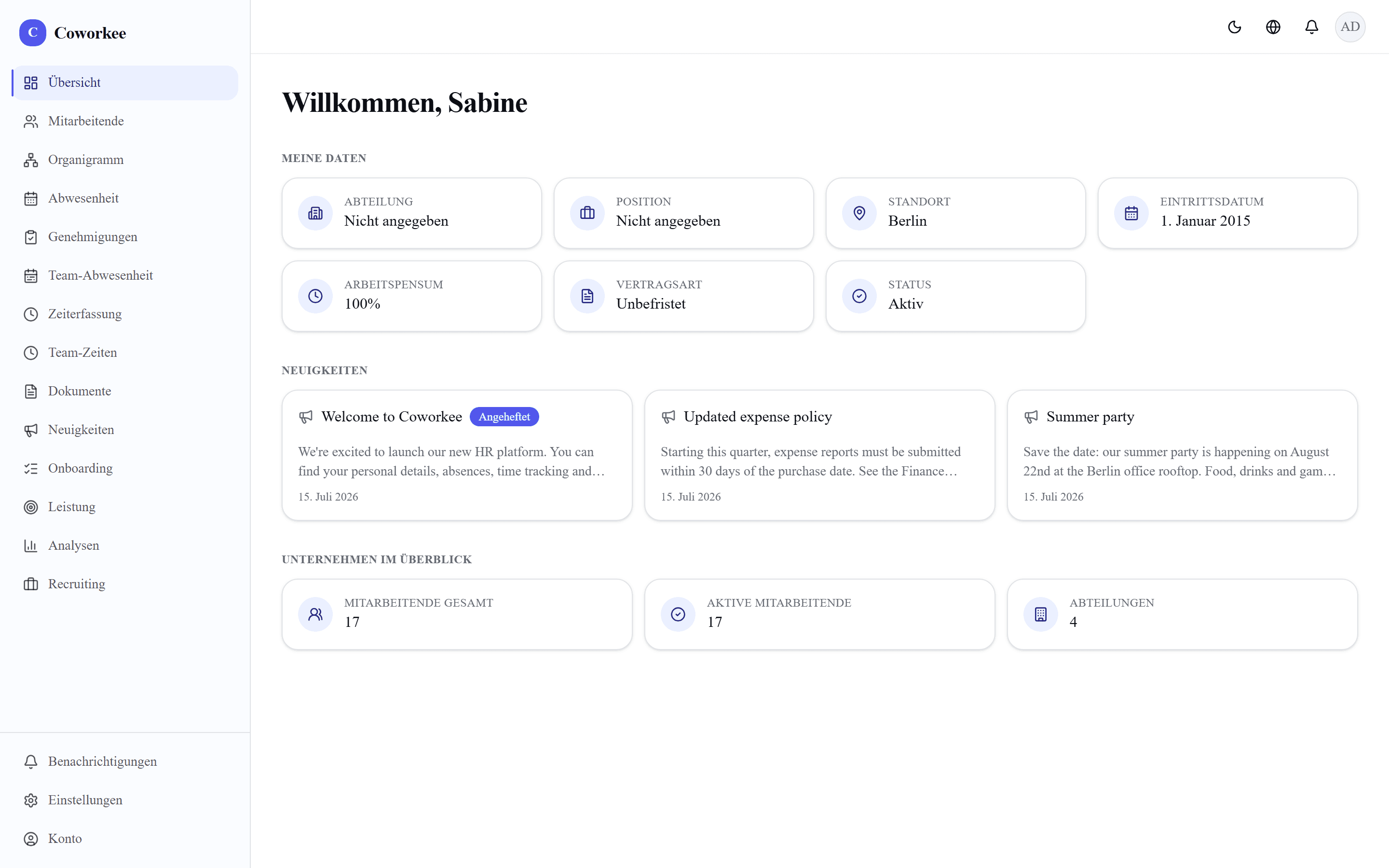 Coworkee Dashboard mit Übersicht über Team, Abwesenheiten und Aufgaben
