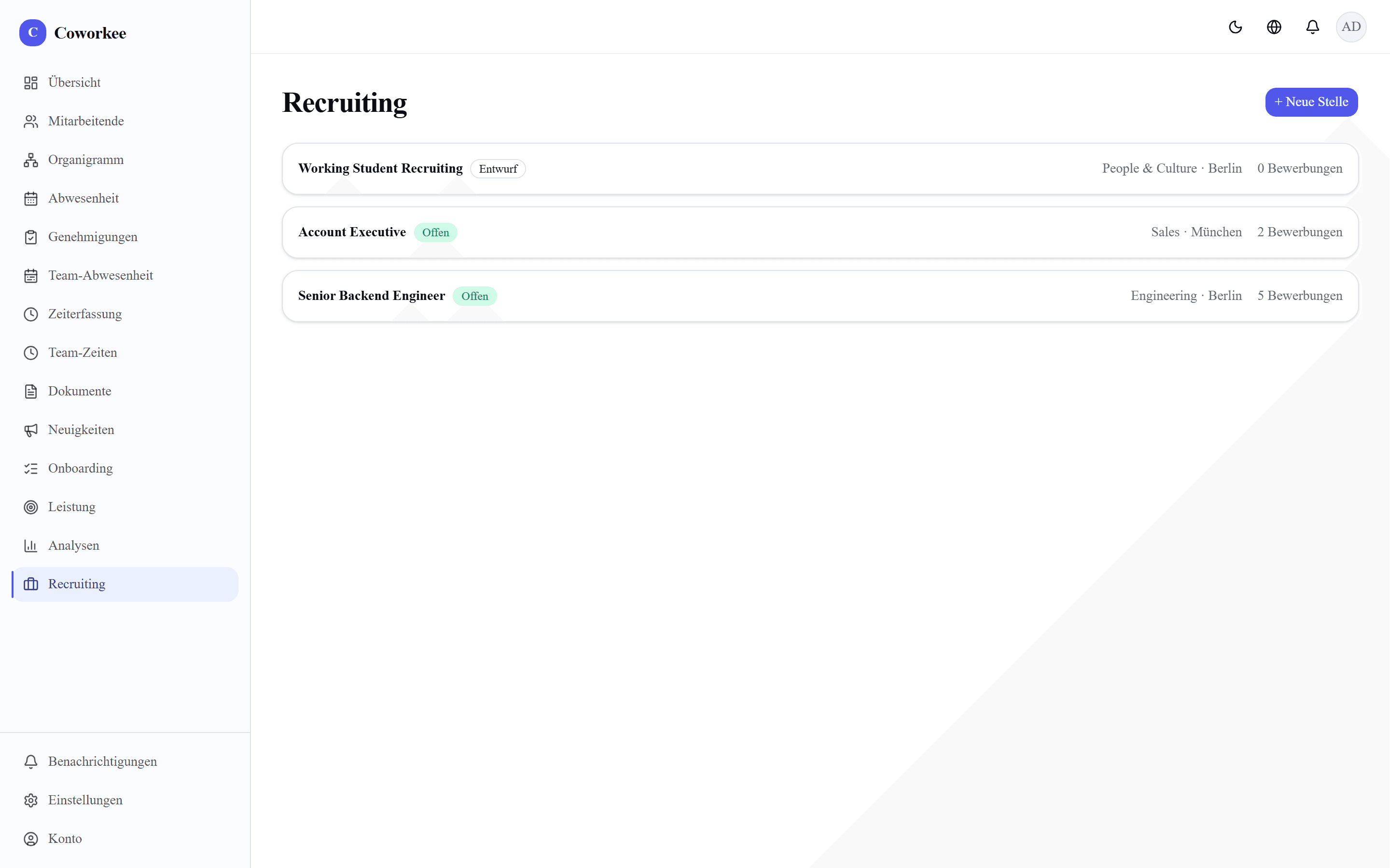 Coworkee Recruiting-Pipeline als Kanban-Board